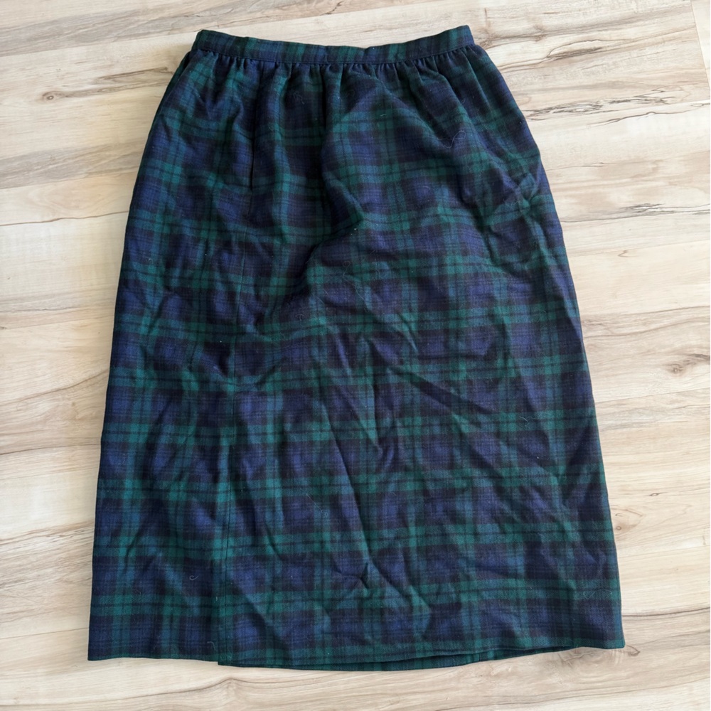 Vintage Green Blue Tartan Plaid Wool English Equestrian Midi Skirt